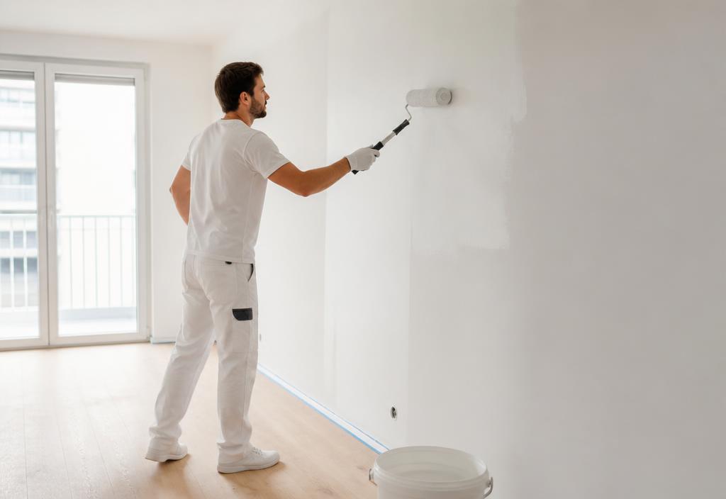 Pintor aplicando pintura en la pared de un inmueble